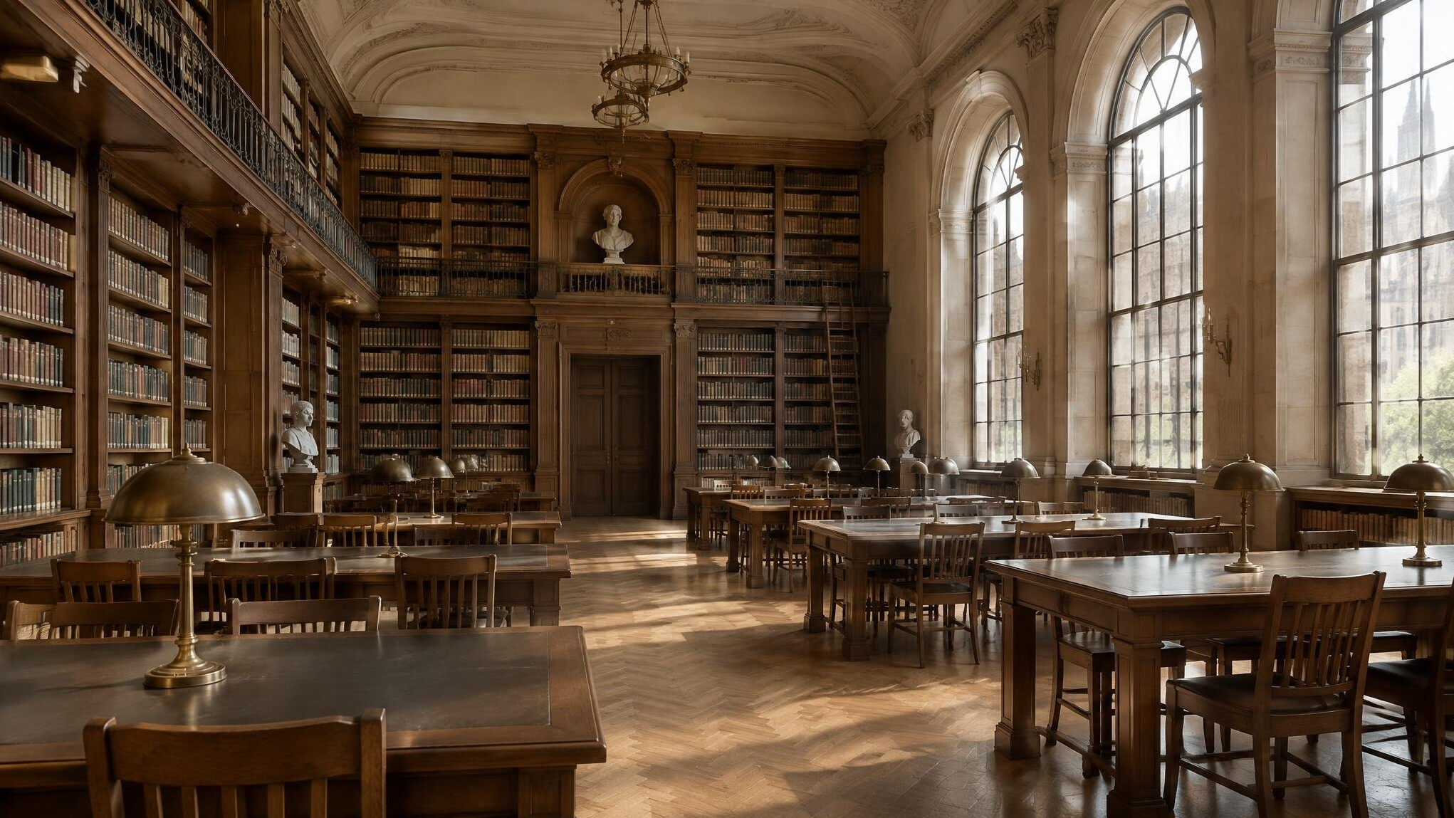 Interior of a quiet historic reading room with tall bookshelves