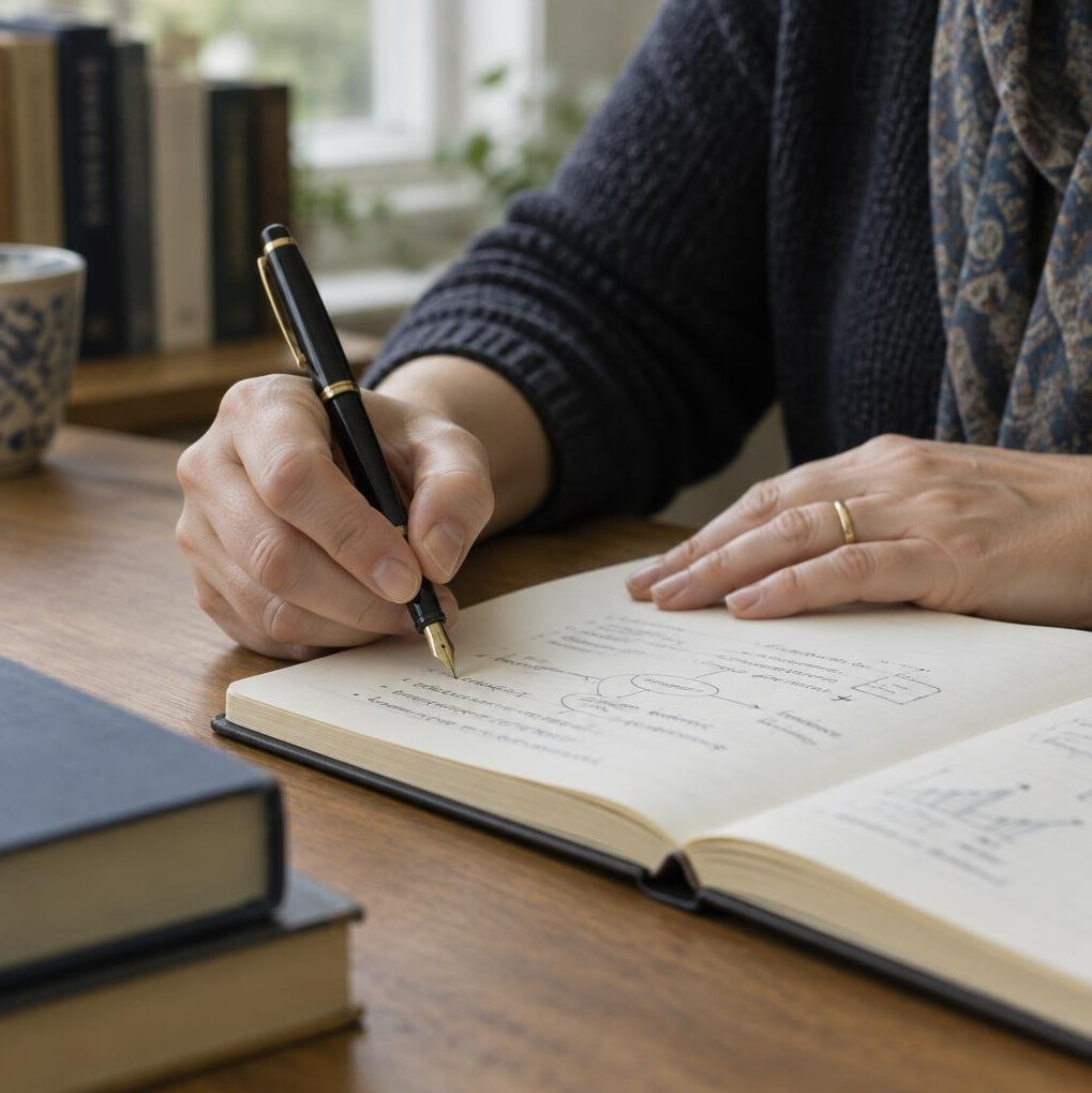 Close-up of a person's hands writing notes with a pen on paper